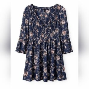 Hilary Radley Navy Floral V-Neck Smocked Waist Long Sleeve Blouse XL